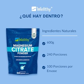 Wellthy Citrato de Magnesio en Polvo 600g Sin Sabor. 240 Días de Porciones, 8 meses de consumo, Equivalente a 417mg de Magnesio por Porción, Scoop Inc