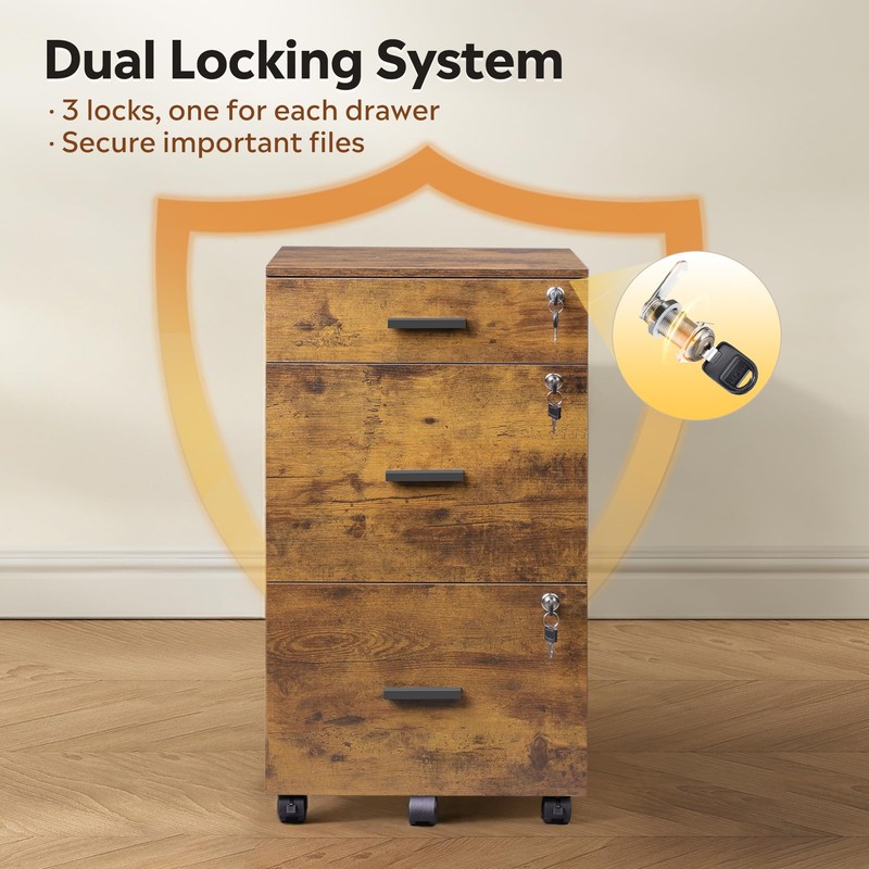 3 Drawer File Cabinet with Lock & Wheels, Wood Printer