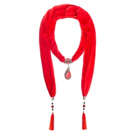 GOGNGTR Vintage Polyester Scarf Alloy Resin Gem Pendant Women's Necklace Jewelry Scarves(sc0021) (Red)