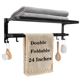 Vanloory Towel Racks for Bathroom, Foldable Towel Shelf with Towel Bar & 7 Towel Hooks, Rustproof Double Bath Towel Holder Wall Mounted Towel Storage Hanger for Bathroom/Balcony/Lavatory(24In Black)