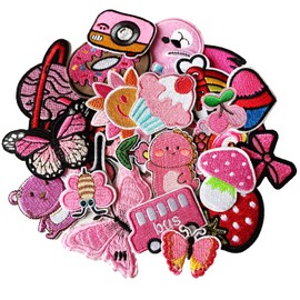 MISDONR 30pcs Pink Embroidered Iron on Patches Assorted Size DIY Patches Applique for Girls Clothing Jackets Jeans Pants Backpacks