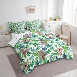 Feelyou Toddler Koala Full Comforter Set with Sheets Cute Koala Bed in a Bag with Comforter, Sheets, Pillowcases & Cushion Cover Tropical Leaves 7 Pieces Bedding Set Kawaii Wild Animals Bed Set