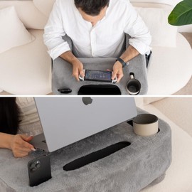Reading Pillow for Gaming – Extra Large Lap Desk & Arm Rest with Cup & Phone Holder, Adjustable Heights, Laptop Support, Large Pockets – Comfortable for Work, Gaming & Crocheting (Furry Grey)