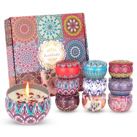 Velas Aromáticas, Set de 9 Piezas, Flores secas Cera de Soja, Diseño Mandala, Caja de Regalo, Aromaterapia，Alivio Del Estrés y Relajación, para Yoga, Meditación, Navidad, Día de San Valentín