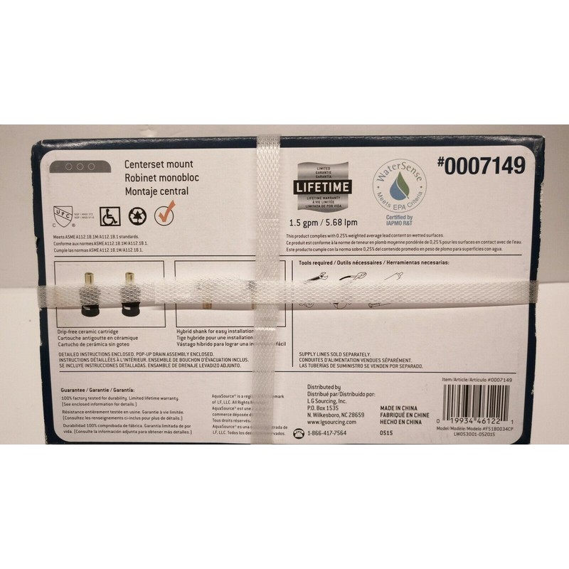 AquaSource BATHROOM FAUCET Chrome Finish AQUASOURCE 0007149 Centerset mount