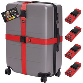 Gorilla Grip Heavy Duty 4 Pack Adjustable Luggage Straps for Suitcases, Easy to Identify Travel Belt Connector Holds Suitcase Together, Extends Life of Bag, Strap Connects Two Bags, Accessories Red