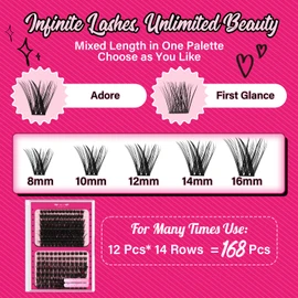 DIY Lash Extension Kit Lash Clusters Kit with 168 Pcs Individual Lashes Cluster Lashes Bond and Seal Eyelash Applictor Lash Remover Eyelash Extension Kit for Beginner(Adore+First Glance Kit)
