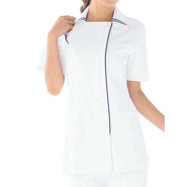 KAZEN 081-28 Medical/Nursing Uniform Nurse Wear, Women's Jacket, Short Sleeve, White X Navy, Apron L