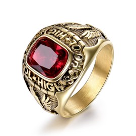MASOP Retro Eagle Stainless Steel Rings for Men High School Red Crystal Gold Tone Jewelry Size 8-15, 12, Gemstone, No Gemstone