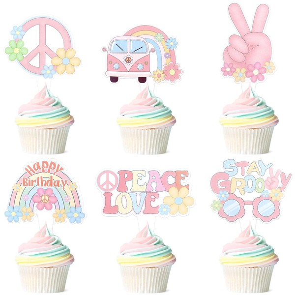 Hippie Party Cupcake Toppers Groovy Party Decorations Boho Rainbow Party
