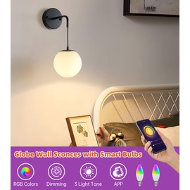 Qiandenghui Globe Wall Sconce with Smart LED Bulb Set of 2 Mid Century Style Frosted White Glass Wall Lighting Fixtures for Bedroom Hallway Living Room