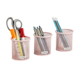 Mind Reader Pen and Accessories Holder, Desktop Organizer, Office, Metal Mesh, 3.5"L x 3.5"W x 3.75"H, Set of 3, Pink