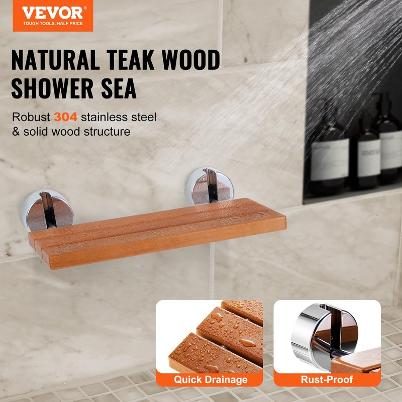 VEVOR Folding Teak Shower Seat, 20.1" x 13.2" Unfolded, Wall