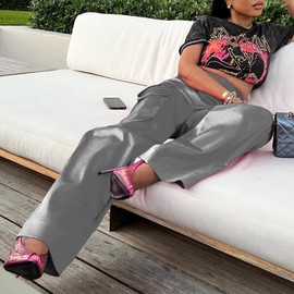 XZLUFNY Satin Cargo Pants for Women High Waisted Zipper Button Closure Wide Leg Cargo Pants with Pockets Gray S