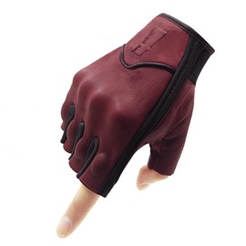Harssidanzar Mens Fingerless Half Finger Goatskin Leather Motorcycle Gloves GM037,Oxblood/Black, Size M