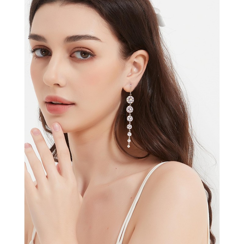 UDYLGOON Sparkly Cubic Zirconia Crystal Long Dangle Earrings Bride Bridesmaid