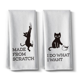 Hcaredee Happy Terrycloth - Juego de 2 toallas de cocina divertidas y dulces con temática de gato, paño de limpieza a mano, paños de cocina, decoración de día festivo, para amantes de los gatos, madres, mujeres, regalos de inauguración de la casa, 14 x 2