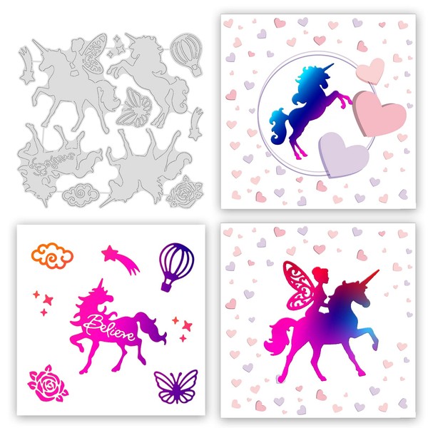 GLOBLELAND Unicorn Fairy Hot Foil Plate for Making Card Decoration Metal Fairy Tale Stars Butterfly Rose Cloud Hot Foil Cardboard Plate for Scrapbooking Metal Hot Foil Plate 11 Pieces