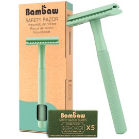 Bambaw Single Blade Razors for Women and Men with 5 Double Edge Safety Razor Blades, Stainless Double Edge Razor, Eco Friendly Razor, Reusable & Plastic Free - Mint Green