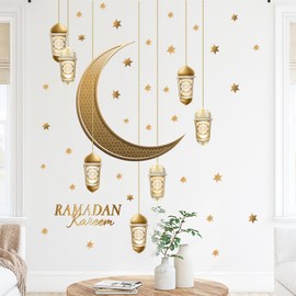 Ramadan Decorations for Home,Islamic Muslim Wall Stickers Decals,Eid Mubarak Ramadan Decor Lantern Moon Star Window Clings for Home Living Room Bedroom (Style G)