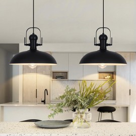 GUIHUALOVE Black Pendant Lights Kitchen Island 2 Pack, Dome Pendant Light 13.8" W, Black Farmhouse Pendant Light for Kitchen Barn Hallway Porch Dining Room