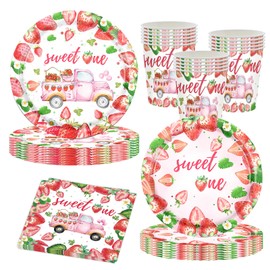 SKTMH 68Pcs Strawberry Birthday Party Supplies Strawberry Party Tableware Strawberry Party Plates Cups Napkins Complete Pack Serves 16 for Strawberry Party Decorations Strawberry Birthday Baby Shower