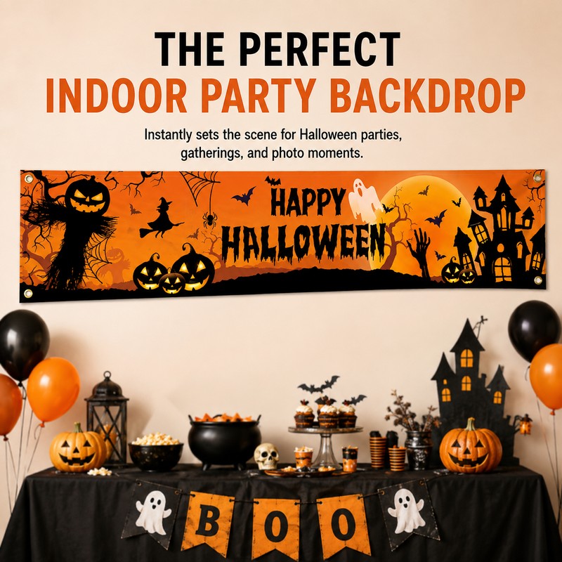 Happy Halloween Outdoor Banner – Pumpkin & Bat Polyester Backdrop