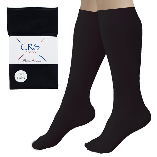 CRS Cross Figure Skating Socks (2 Pair) Premium Knee High Tights for Ice Skates, Footed Skate Socks, Ice Skating Socks, Dance (Biellmann Black)
