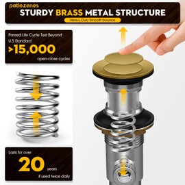 Sink Pop Up Drain Stopper Assembly Kit with Ball Lift Rod and Overflow, Solid Brass Bathroom Pop Up Drain Assembly for Bathroom Vanity Vessel Sink, Brushed Gold