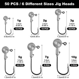 Annyswit 50 Pcs/6 Sizes Jig Heads Fishing Hooks Set, Sharp Jig Heads for Soft Lures, Ideal for Freshwater & Saltwater Fishing, Bass, Trout, Pike Fishing Jigs, with Storage Box(1g, 2g, 3g, 5g, 7g, 10g)