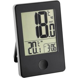TFA Dostmann Pop Funk-Thermometer, Außen- oder Innentemperatur in Großformat, Anzeige der Uhr,L 60 x B 23 (50) x H 90 mm, Schwarz