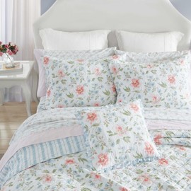 Laura Ashley - Quilt Set, Super Soft Bedding with Matching Shams, Includes Bonus Throw Pillow, Chic Room Decor (Emilie Blue, King)