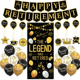 Roetyce Retirement Party Decorations for Men Women, Black Gold Happy Retirement Banner Balloons Hanging Swirls Kit, Lengend Has Retired Backdrop for Coworker, Office Retirement Party Supplies