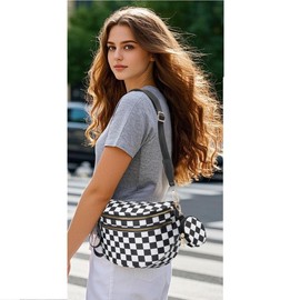 hibear Fanny Packs for Women,Checkered Purse Checkered Bum Bags Nylon Crossbody Bag Leopard Clutch with Coin Purse (BLACK)