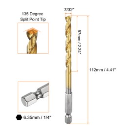 sourcing map 10pcs 1/4" Hex Shank Drill Bit 7/32" Gold Oxide M35 High Speed Steel Twist Drill Bit 135 Degree Split Point Tip Drilling Tool with Quick Change Hex Shank for Metal Wood Plastic