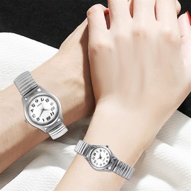 JewelryWe Mens Womens Ultra Thin Easy Reader Watch with Elastic Strap, Golden His and Her Couple Wristwatches Set