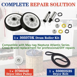 Upgraded 303373K 2-PACK Roller Wheel Drum Support Kit & 33002535 Dryer Belt & WP6-3700340 Dryer Idler Pulley - Fit for May-tag Neptune Atlantis MDE3000AYW MDE5500AYW MDG5500AWW MDE9206AYW MDG3000AWW