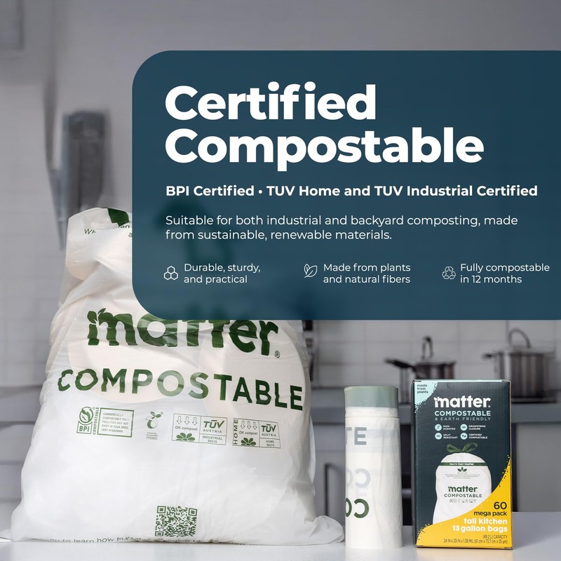 Matter Compostable 13 Gallon Tall Kitchen Trash Bags with Drawstring,