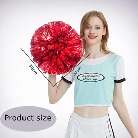 2Pcs Cheerleader Pom Poms,Cheerleading Pom Poms,Hand Flower Pompoms,Metallic Foil Cheer Poms,Cheering Squad Pompoms Handheld Cheerleader Pompom Metallic Foil and Plastic Ring Pompom for Kid Adult,Red