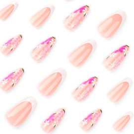 Press On Nails, Summer Flower Fake Nails, Cute Design Floral Stick On Nails, Short Square Almond Ballet Shape Glue on Nails on 24PCS (Pink White Flower)