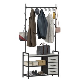 HOMEKOKO Coat Rack Tree Shoe Bench, Hall Tree for Entryway with Drawer Cubby Storage Bench, Wood Look Accent Furniture with Metal Frame, 3-in-1 Design (Greige)