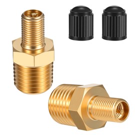 2PCS Brass Air Inflator Adapter, 1/4 Npt to Schrader Valve Adapter Presta Valve Adapters Metal Bike Tire Adapters Portable Tire Inflator Connector with Cover for Auto Air Hose Chuck Compressor/Pump
