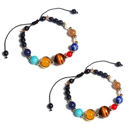 N/Q 2-4Pcs Adjustable Solar System Natural Stone Strand Stretch Bracelet Universe Galaxy Eight Planets Guardian Sun Star Beads Bracelet Bangle for Women Men Unisex Jewelry Gifts-B 2pcs