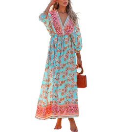 CUPSHE Women's Plunging V Neck Beach Dress Short Bubble Sleeve Back Tie Waist Tie Maxi Summer Dresses, Teal Pink L