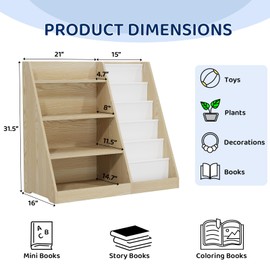 KIDINIX 5 Tier Kids Bookshelf with Storage,Toddler Book Display Shelves,Wooden Children Book Rack, Montessori Kids Story Book, Painting Book Organizer, Suit for Kids Room, Nursery,Living Room, White