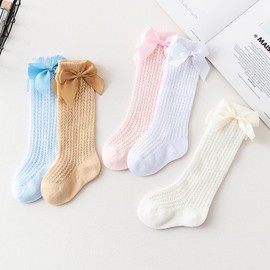 CHUNG Toddler Baby Girls Knee Hight Stocking Cotton Socks 0-7Years Solid Color Bowknot Thin Spring Summer (5 Mesh, 3-12 Months)