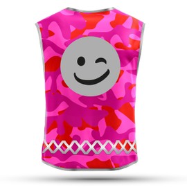 REEFLEXX High Visibility Safety Vest Kids Safety Vest, Increased Visibility in Traffic, School, Bike or Car, Pink Camou Smiley - Size L