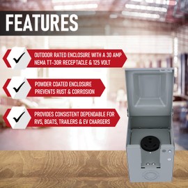 30 Amp 125 Volt Power Outlet Box, Enclosed Lockable - for RV, Campers, Travel Trailer, Motorhome, Electric Car, Generator - 3R Weatherproof Outdoor - NEMA TT-30R Receptacle Panel