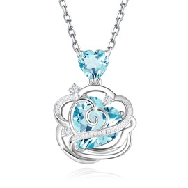 FANCIME Aquamarine Necklace March Birthstone Sterling Silver Rose Flower Pendant Necklace Blue Heart Gemstone Fine Jewelry Birthday Christmas Gifts for Her Women Mom