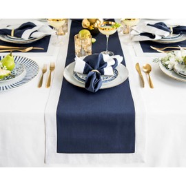 Solino Home Linen Table Runner 60 inches Long – Navy/Silver Shimmer Border Decorative Table Runner 14 x 60 Inch – Washable Dining Table Runner for Fall, Thanksgiving, Christmas – Festive Edge